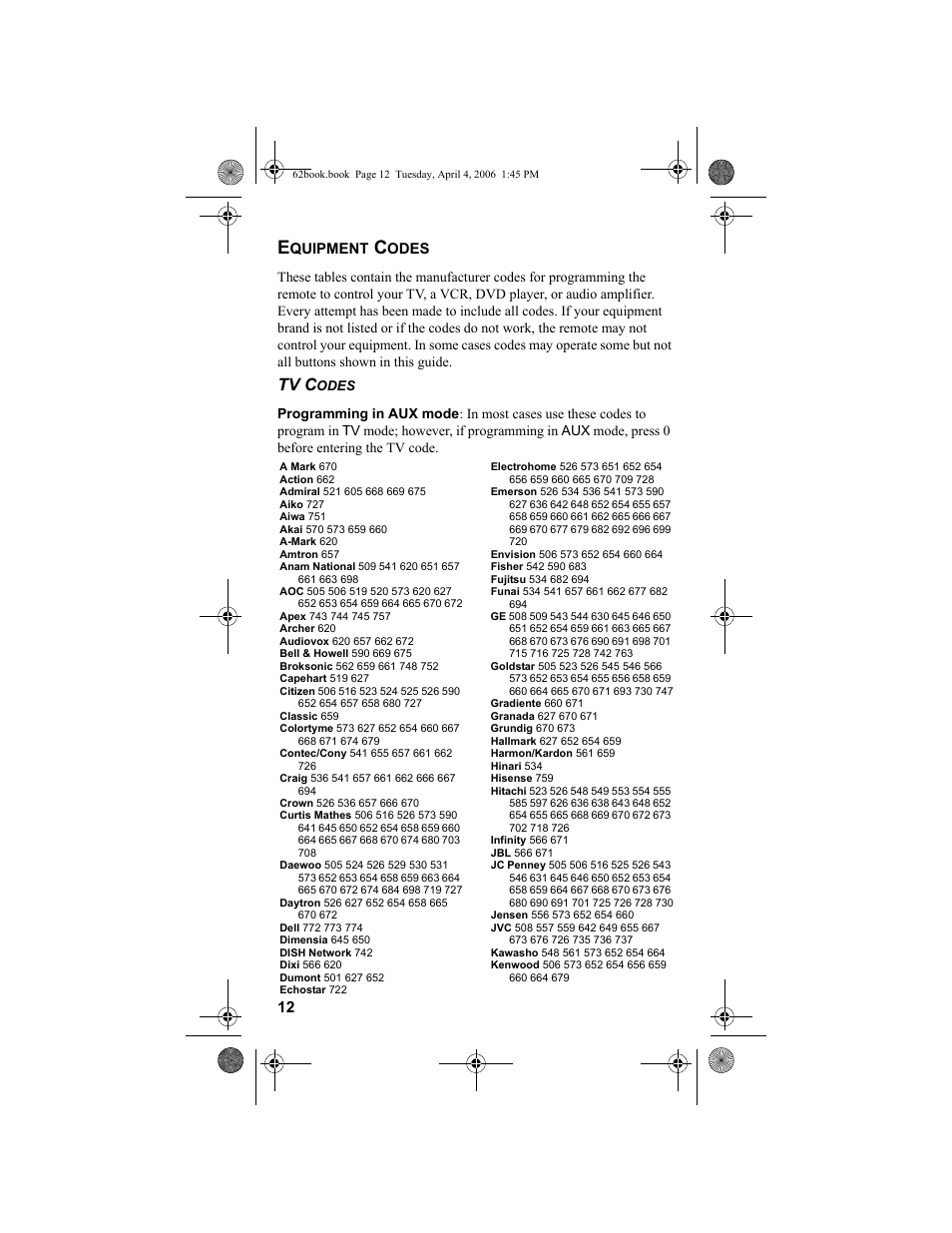 Equipment codes, Ge 12, Tv c | Dish Network DVR 942 User Manual | Page 22 / 34