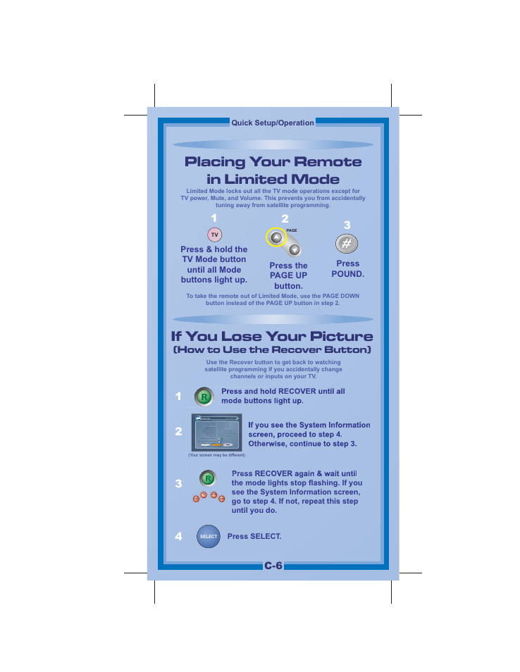 How to use the recover button), Press pound, Press the page up button | Press select. r, Quick setup/operation | Dish Network DVR 942 User Manual | Page 6 / 34