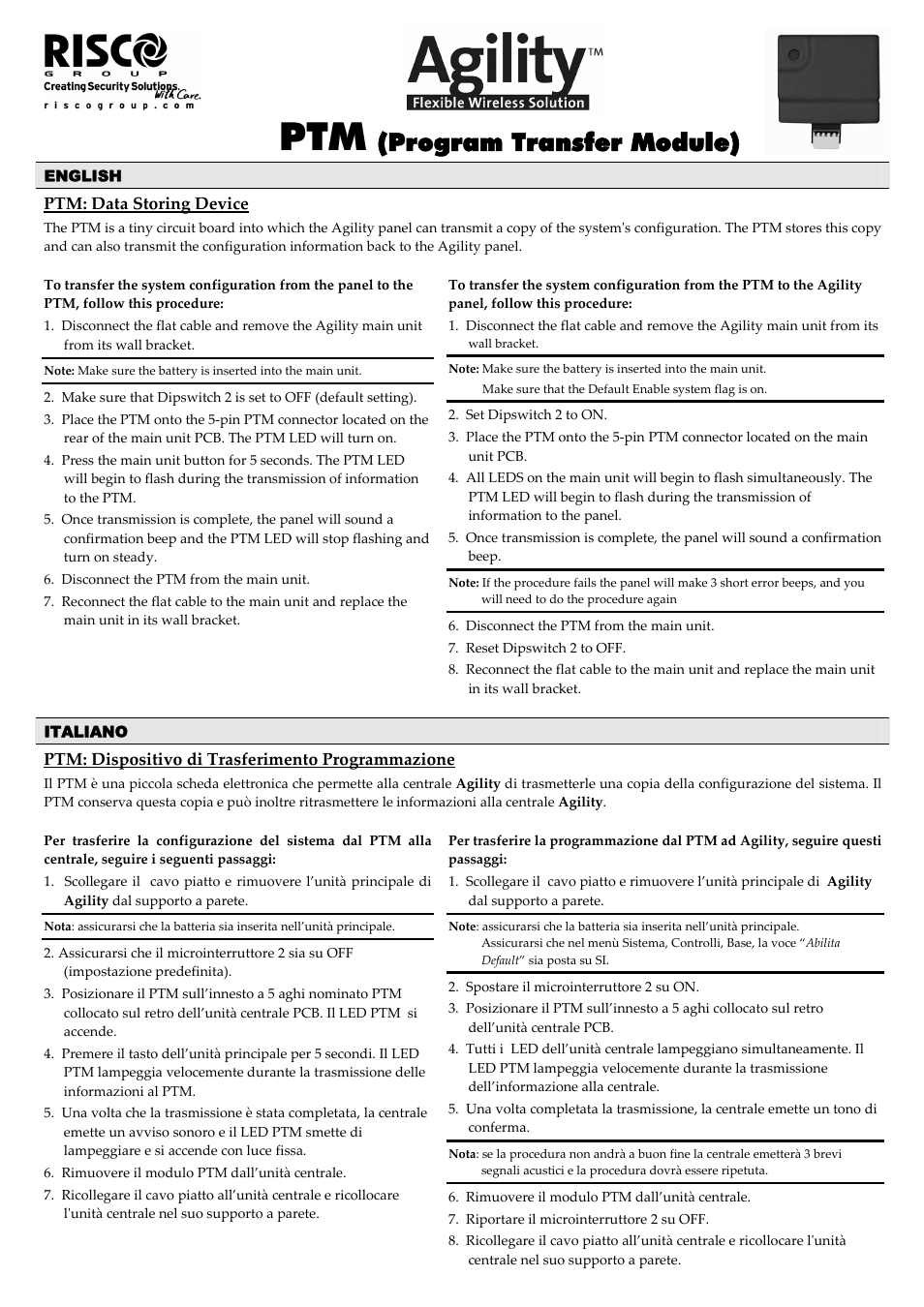 RISCO Group Agility Program Transfer Module User Manual | 2 pages