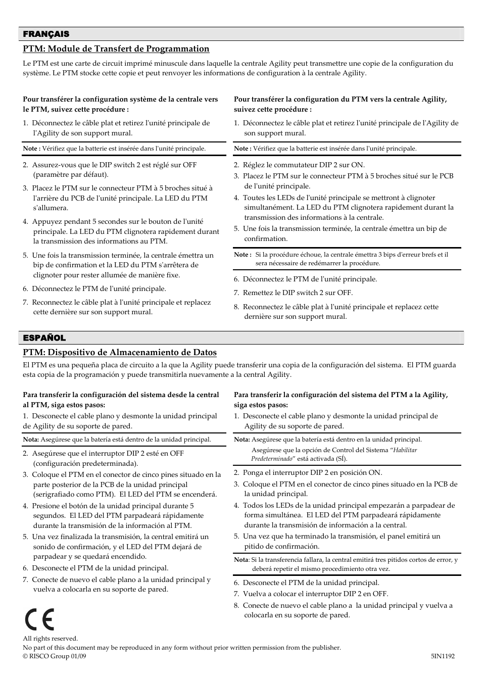 Ptm: module de transfert de programmation, Ptm: dispositivo de almacenamiento de datos | RISCO Group Agility Program Transfer Module User Manual | Page 2 / 2