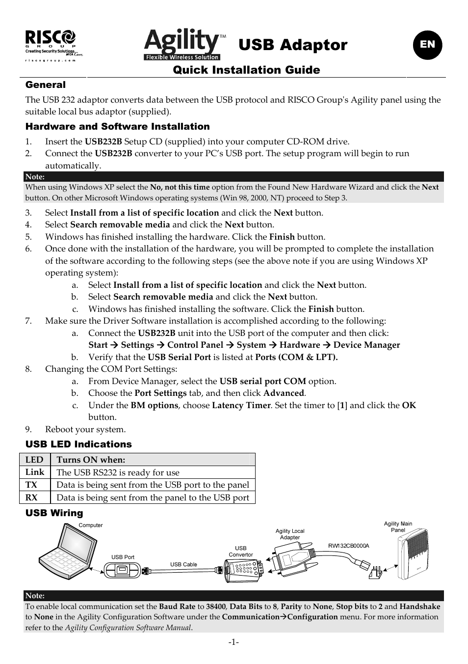 RISCO Group USB Adaptor User Manual | 8 pages