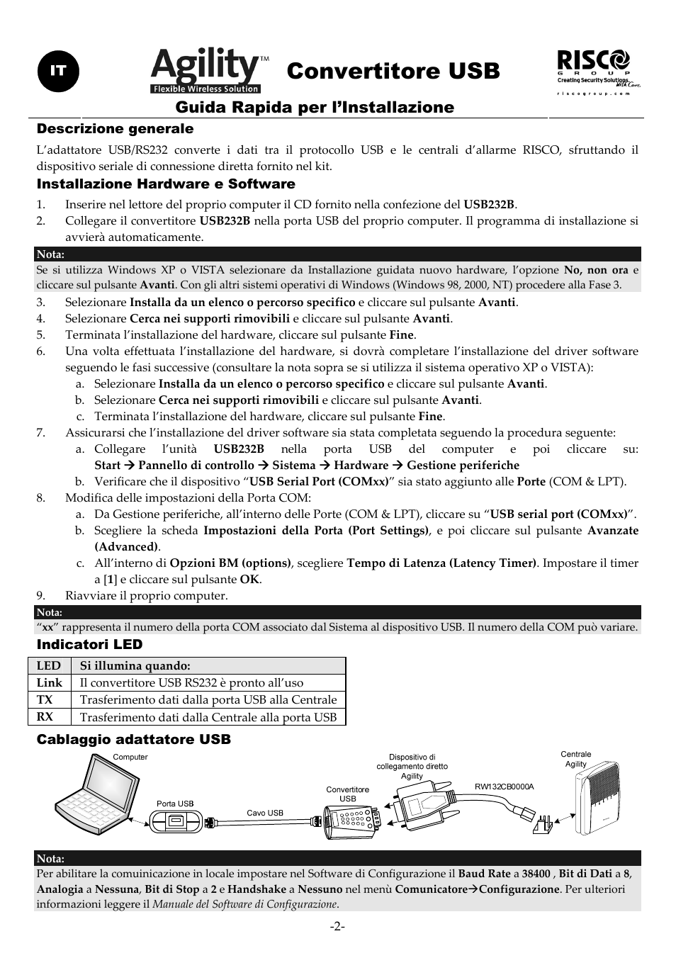 Convertitore usb, Guida rapida per l’installazione | RISCO Group USB Adaptor User Manual | Page 2 / 8