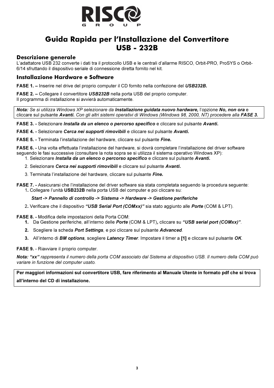 Descrizione generale, Installazione hardware e software | RISCO Group USB Adaptor User Manual | Page 3 / 8