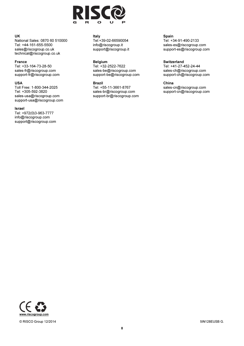 RISCO Group USB Adaptor User Manual | Page 8 / 8