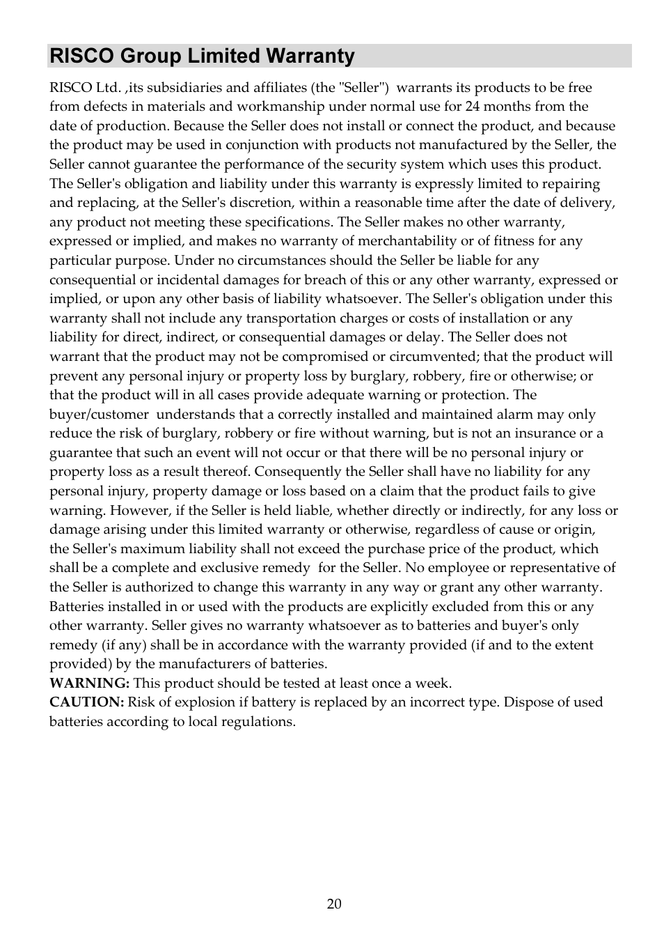 Risco group limited warranty | RISCO Group Bullet Outdoor RVCM52E User Manual | Page 22 / 24