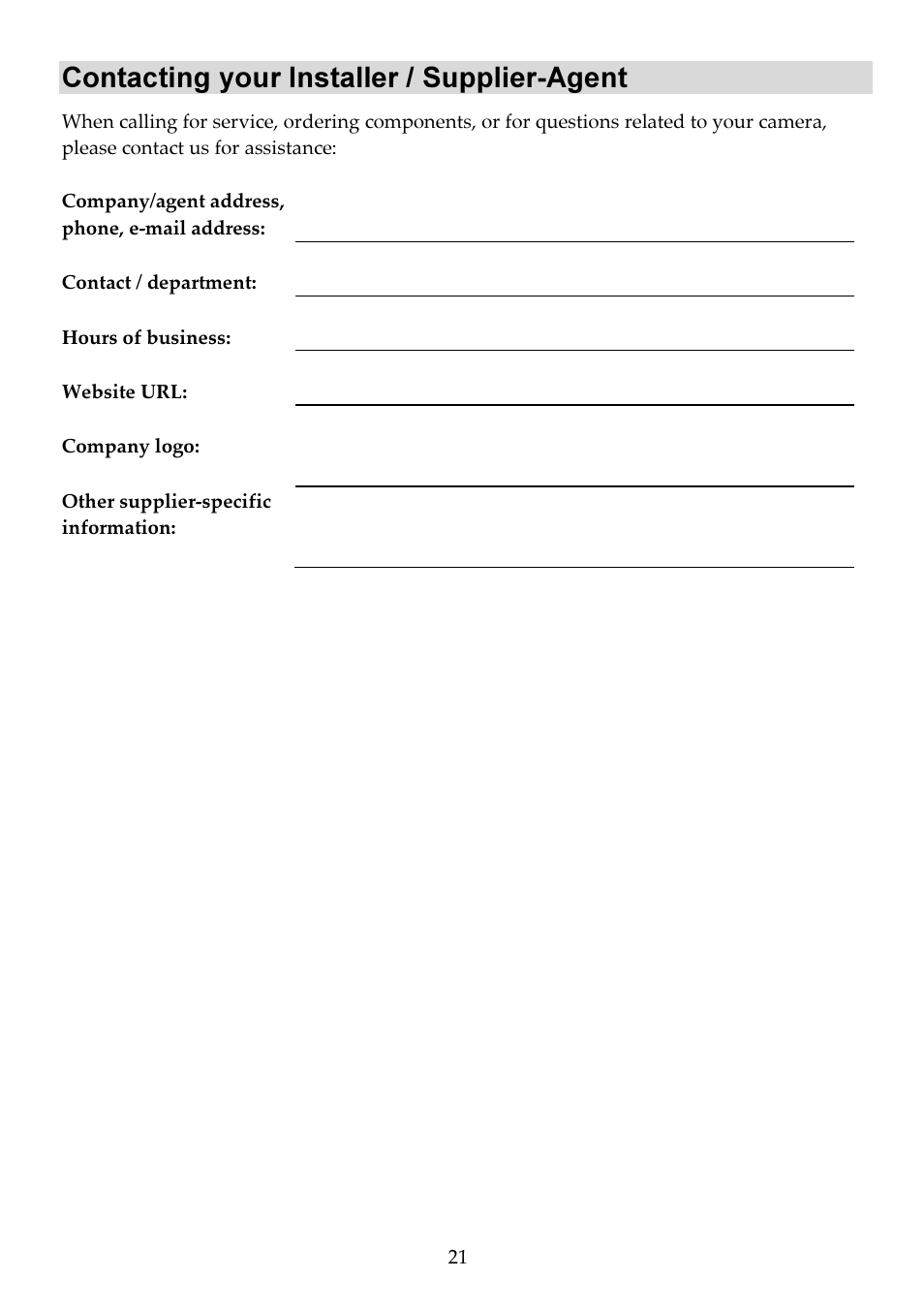 Contacting your installer / supplier-agent | RISCO Group Bullet Outdoor RVCM52E User Manual | Page 23 / 24