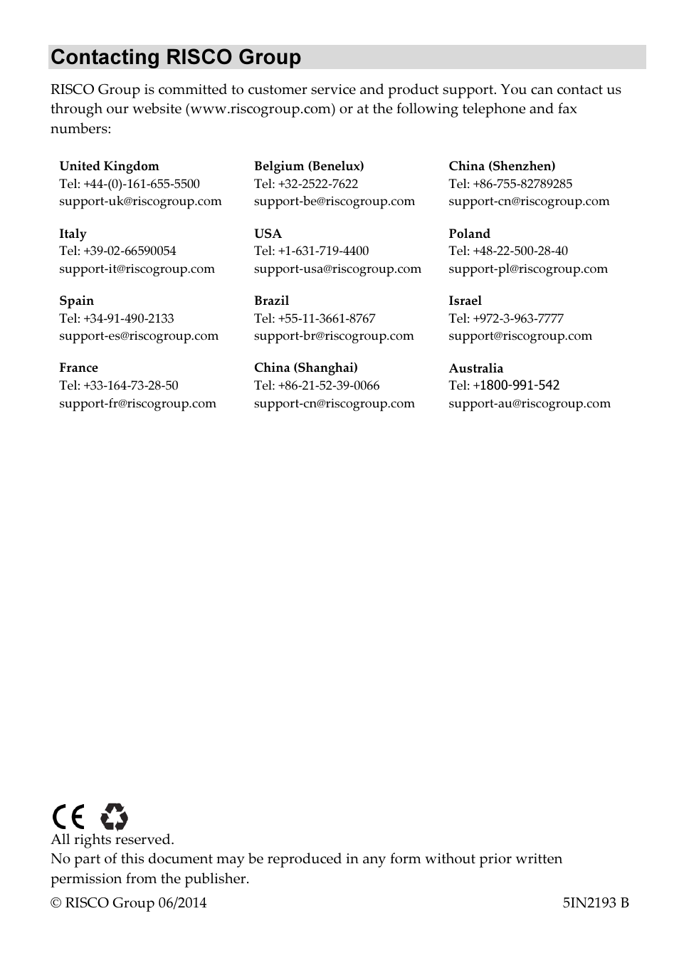 Contacting risco group | RISCO Group Bullet Outdoor RVCM52E User Manual | Page 24 / 24