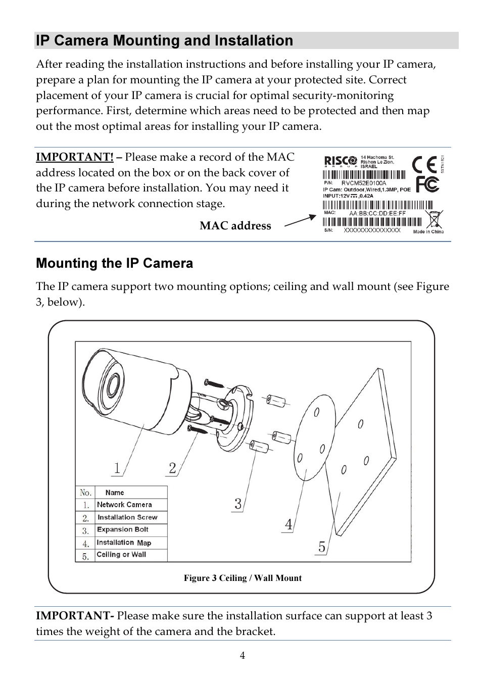 Ip camera mounting and installation, Mounting the ip camera | RISCO Group Bullet Outdoor RVCM52E User Manual | Page 6 / 24