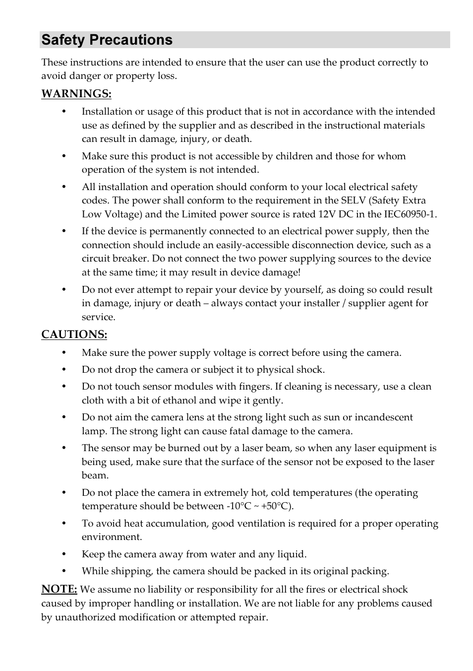 Safety precautions | RISCO Group Cube Indoor RVCM11H User Manual | Page 2 / 24