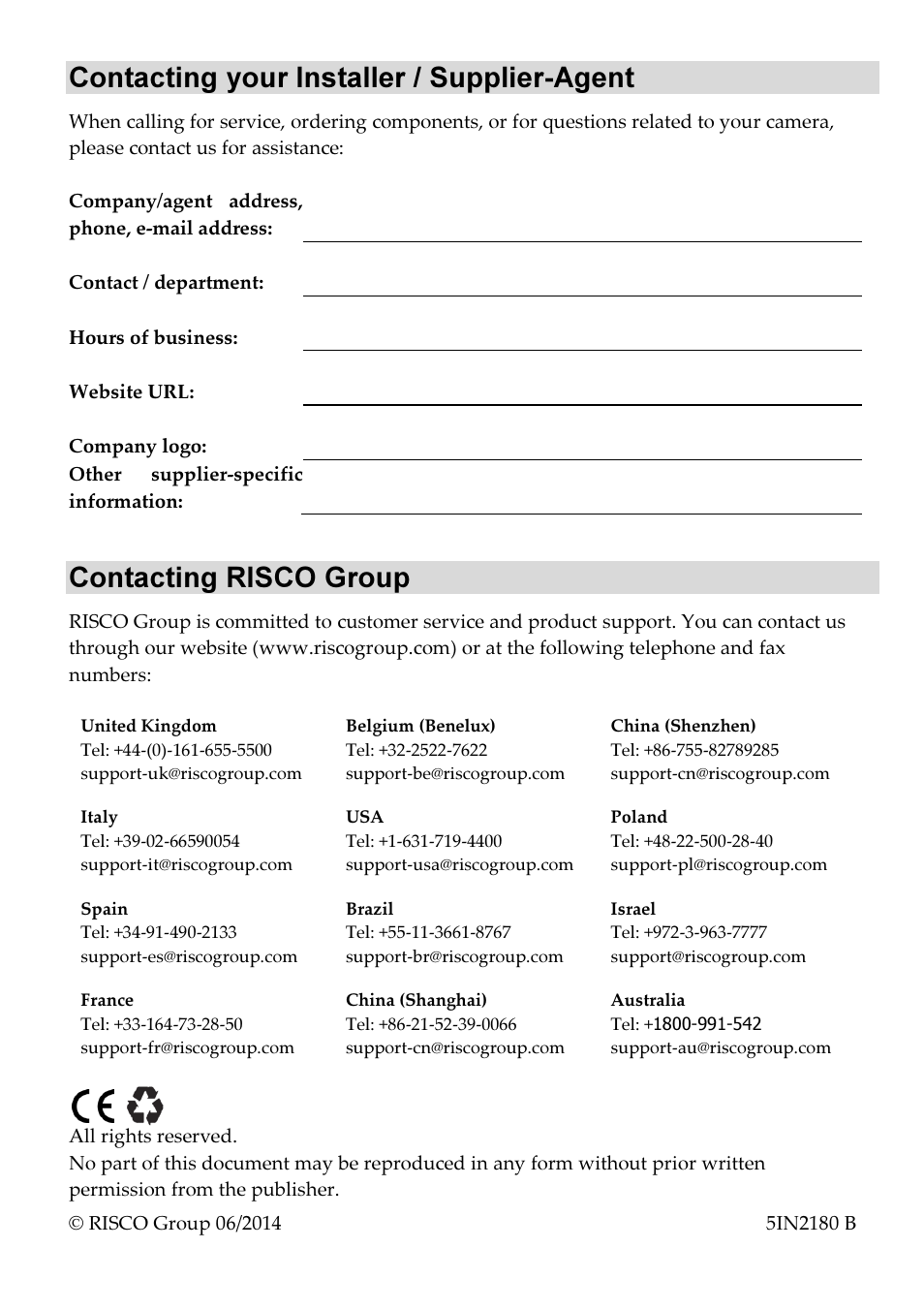 Contacting your installer / supplier-agent, Contacting risco group | RISCO Group Cube Indoor RVCM11H User Manual | Page 24 / 24