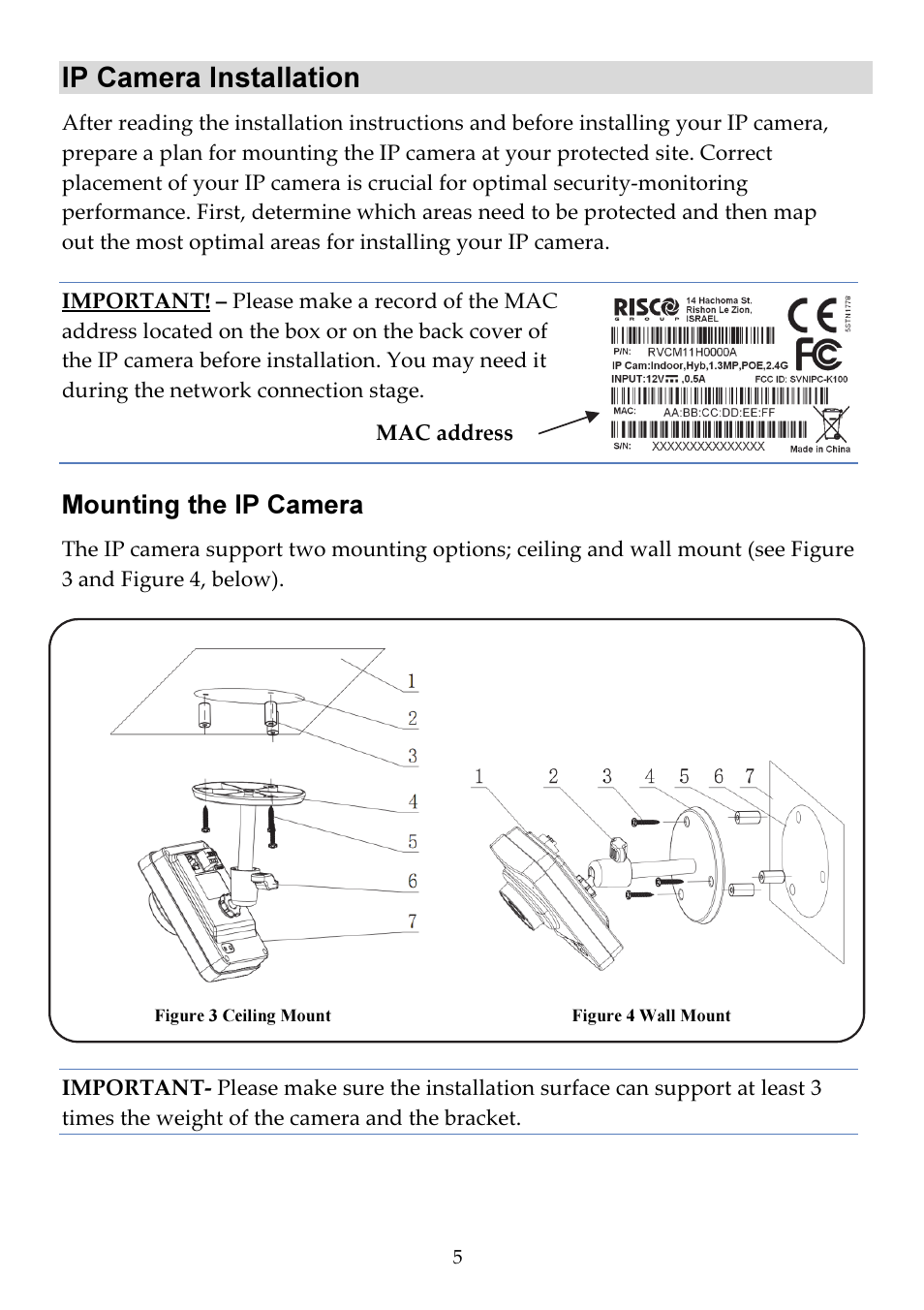 Ip camera installation, Mounting the ip camera | RISCO Group Cube Indoor RVCM11H User Manual | Page 7 / 24