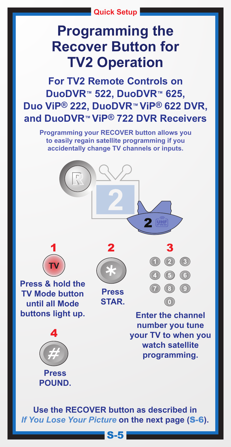 167820_01_6.4 guide_s5, Programming the recover button for tv2 operation | Dish Network 6.4 User Manual | Page 8 / 48