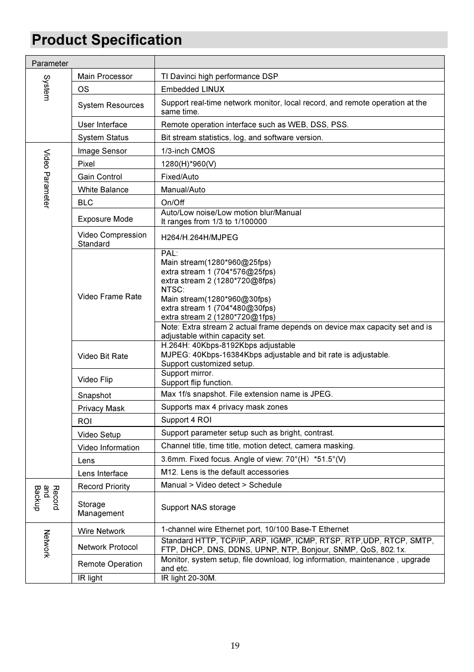 Product specification | RISCO Group VUpoint Bullet Outdoor IP Camera RVCM52E User Manual | Page 19 / 76