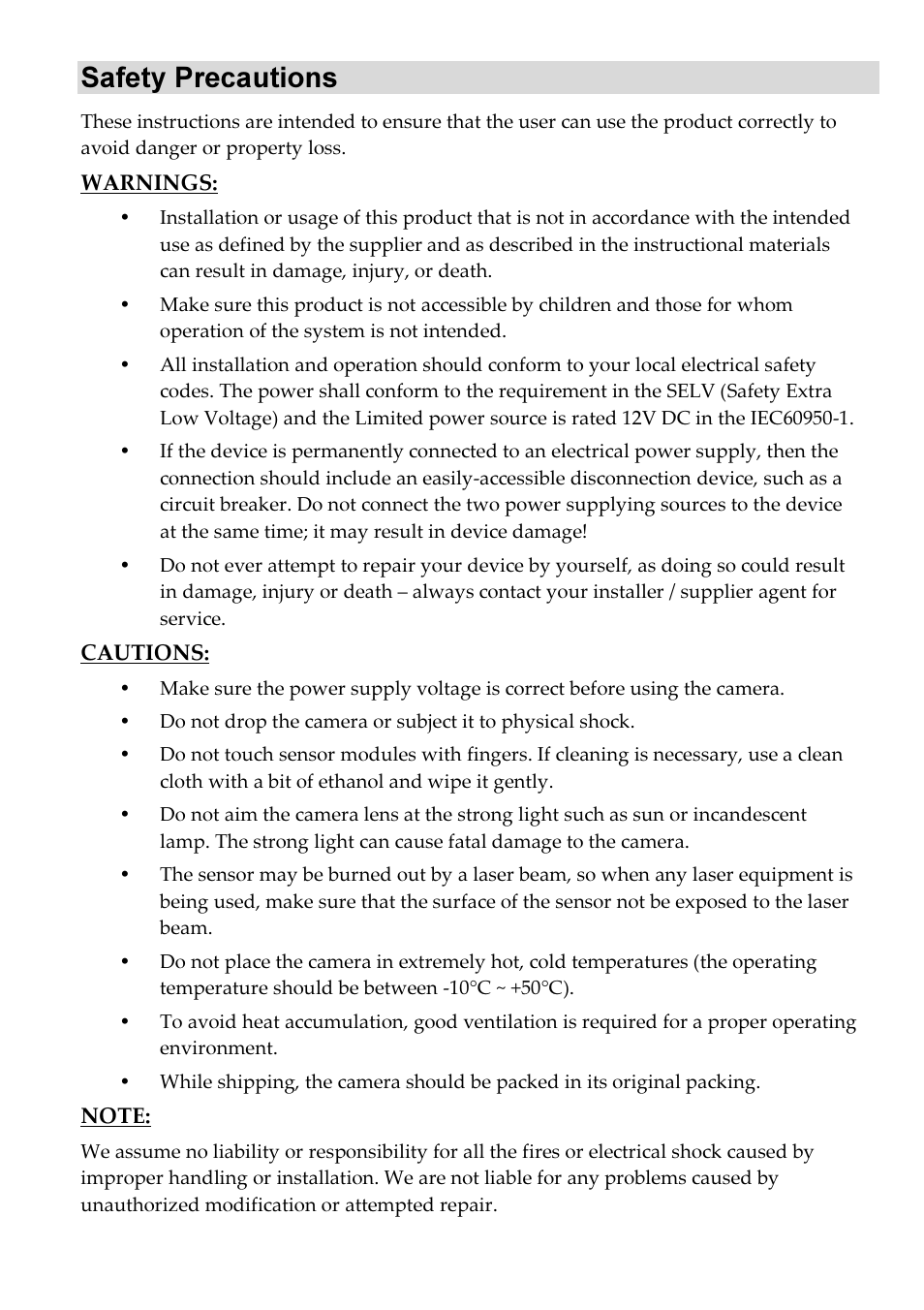 Safety precautions | RISCO Group VUpoint Bullet Outdoor IP Camera RVCM52E User Manual | Page 2 / 76
