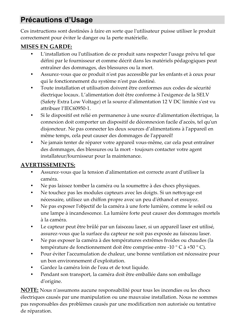 Précautions d’usage | RISCO Group VUpoint Bullet Outdoor IP Camera RVCM52E User Manual | Page 22 / 76