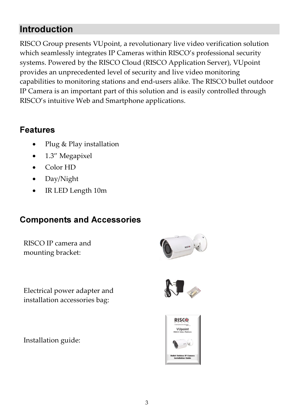 Introduction | RISCO Group VUpoint Bullet Outdoor IP Camera RVCM52E User Manual | Page 3 / 76