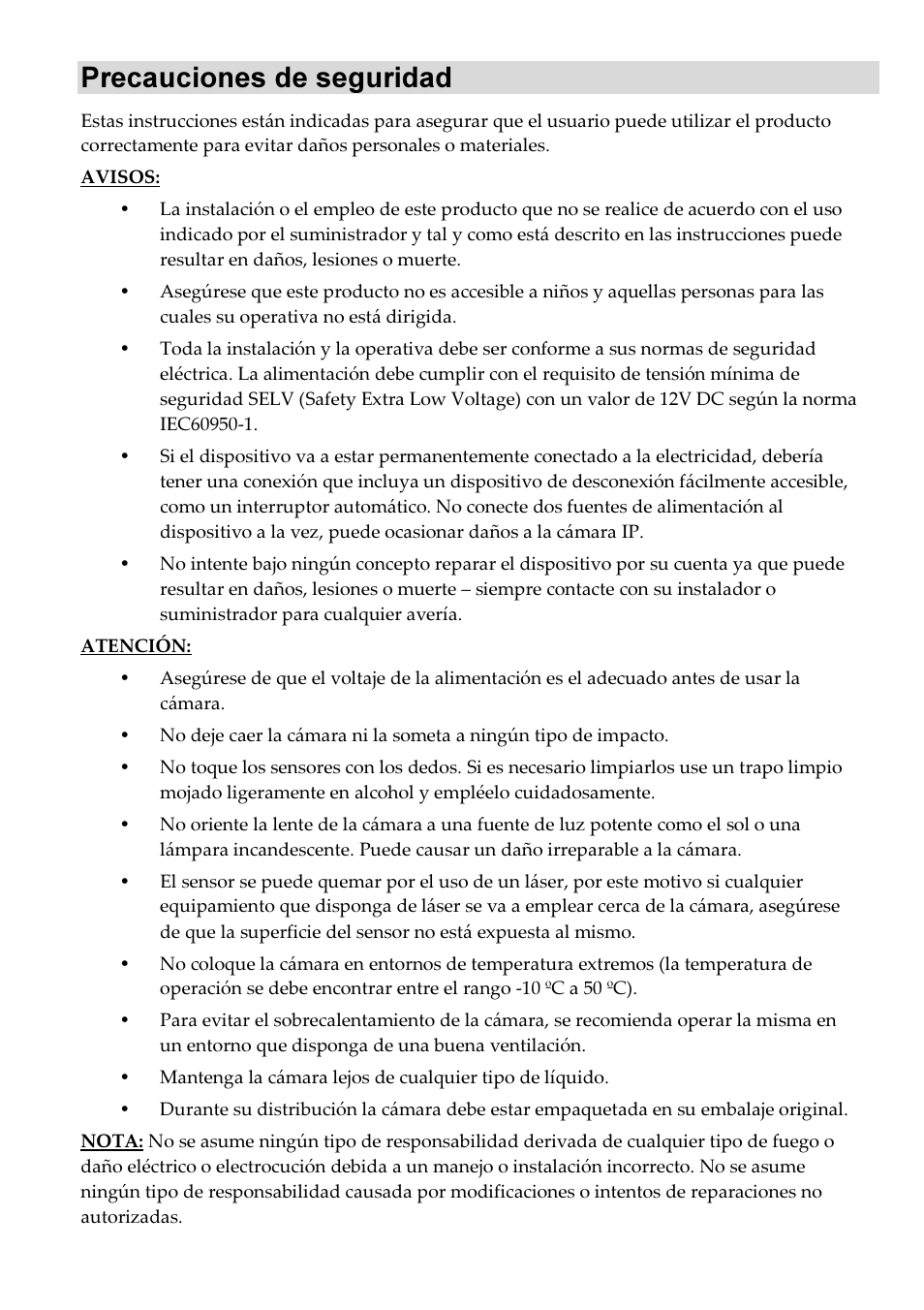 Precauciones de seguridad | RISCO Group VUpoint Bullet Outdoor IP Camera RVCM52E User Manual | Page 56 / 76