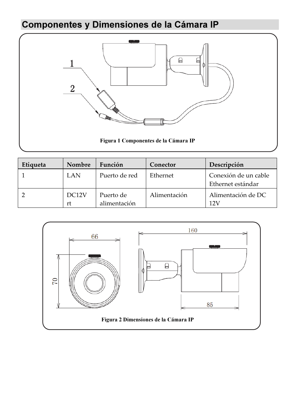 Componentes y dimensiones de la cámara ip | RISCO Group VUpoint Bullet Outdoor IP Camera RVCM52E User Manual | Page 58 / 76