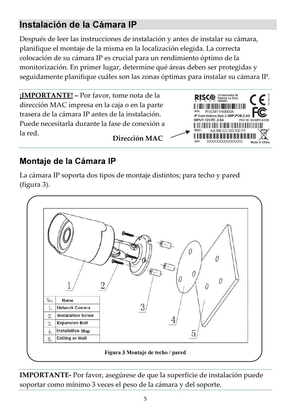 Instalación de la cámara ip, Montaje de la cámara ip | RISCO Group VUpoint Bullet Outdoor IP Camera RVCM52E User Manual | Page 59 / 76