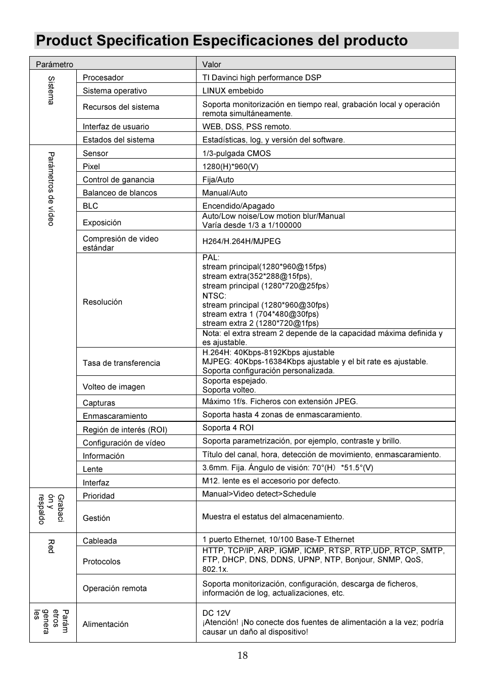 Product specification, Especificaciones del producto | RISCO Group VUpoint Bullet Outdoor IP Camera RVCM52E User Manual | Page 72 / 76