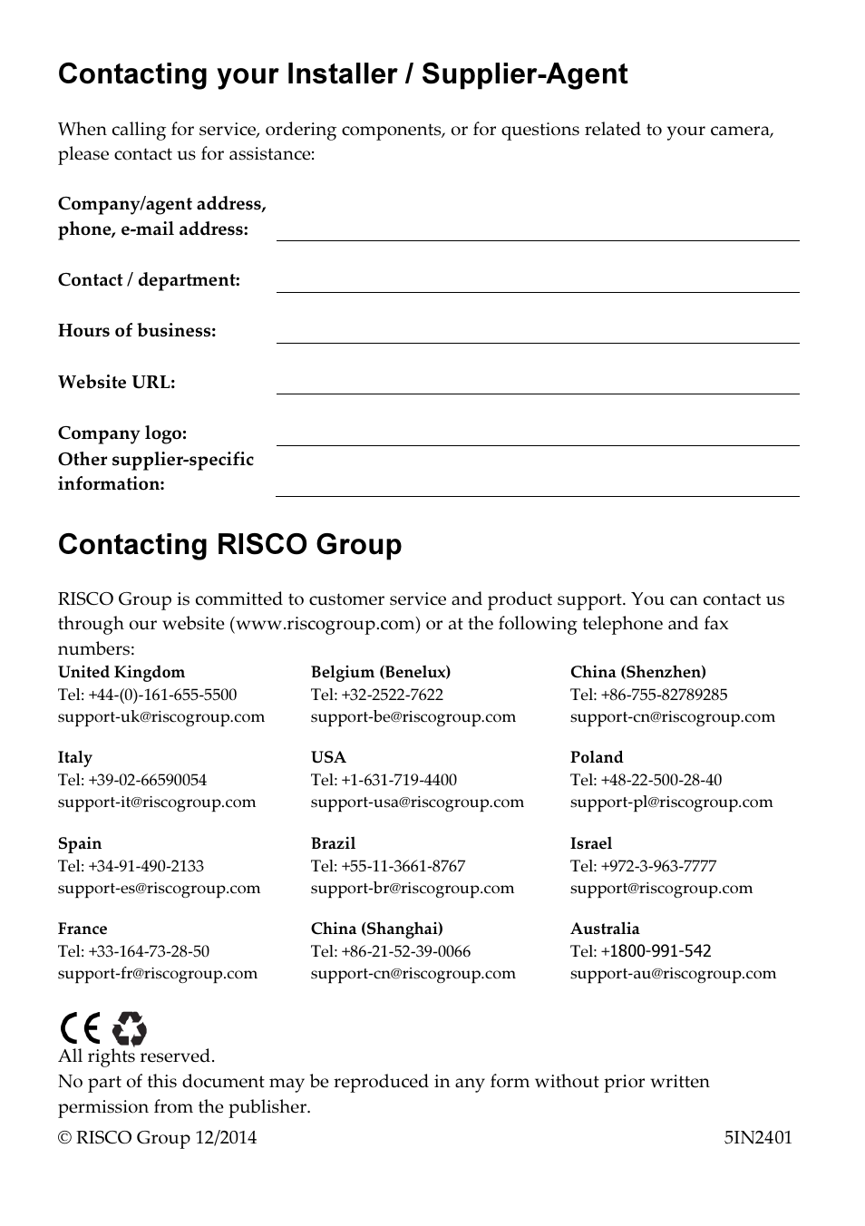 Contacting your installer / supplier-agent, Contacting risco group | RISCO Group VUpoint Bullet Outdoor IP Camera RVCM52E User Manual | Page 76 / 76