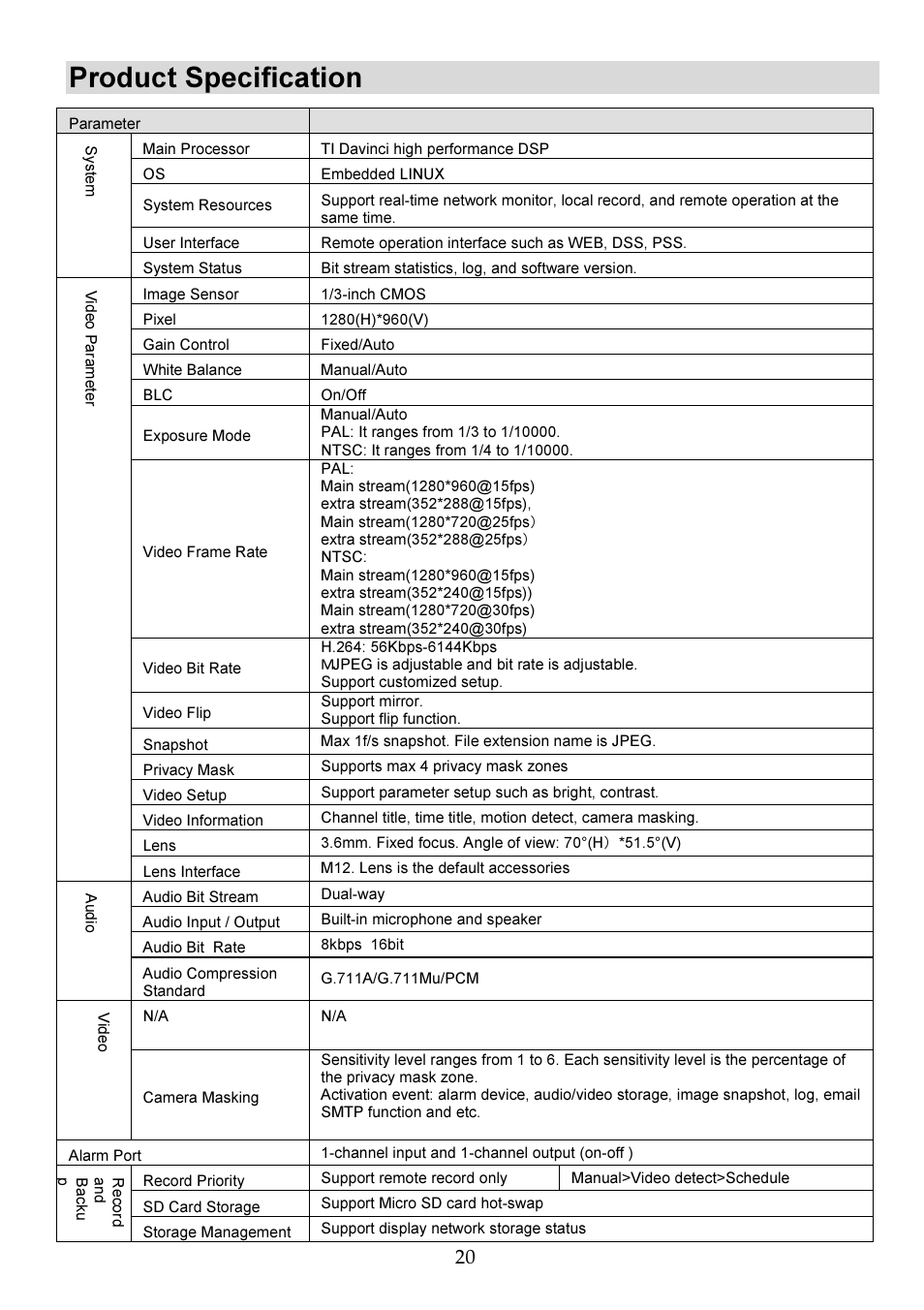 Product specification | RISCO Group VUpoint Indoor IP Camera RVCM11H User Manual | Page 20 / 92