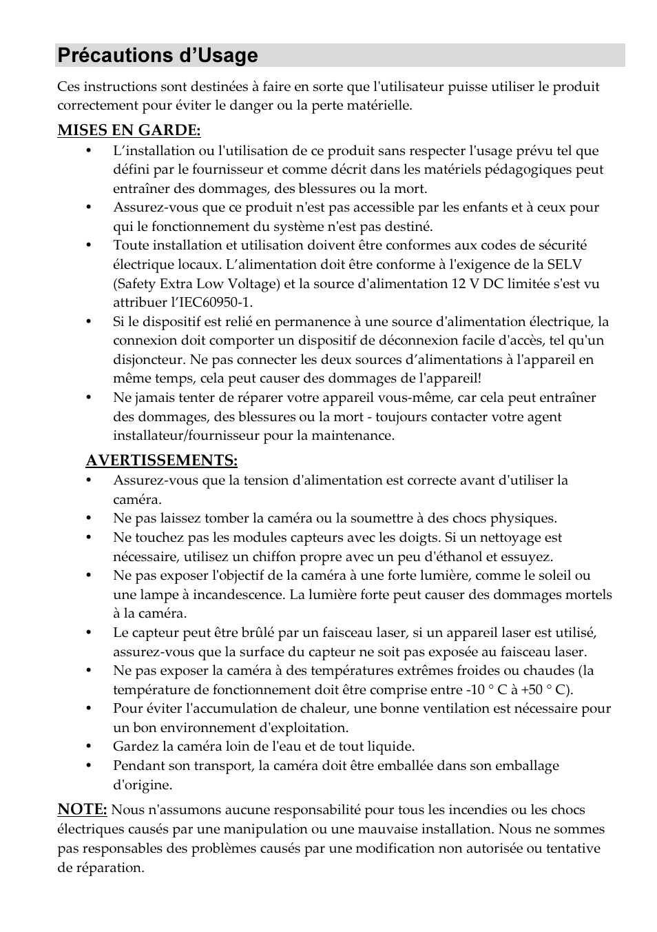 Précautions d’usage | RISCO Group VUpoint Indoor IP Camera RVCM11H User Manual | Page 24 / 92