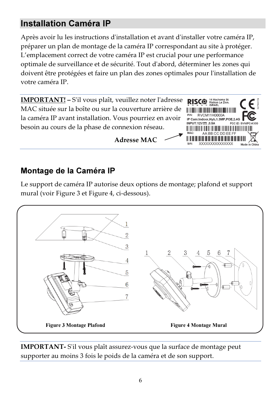 Installation caméra ip, Montage de la caméra ip | RISCO Group VUpoint Indoor IP Camera RVCM11H User Manual | Page 28 / 92