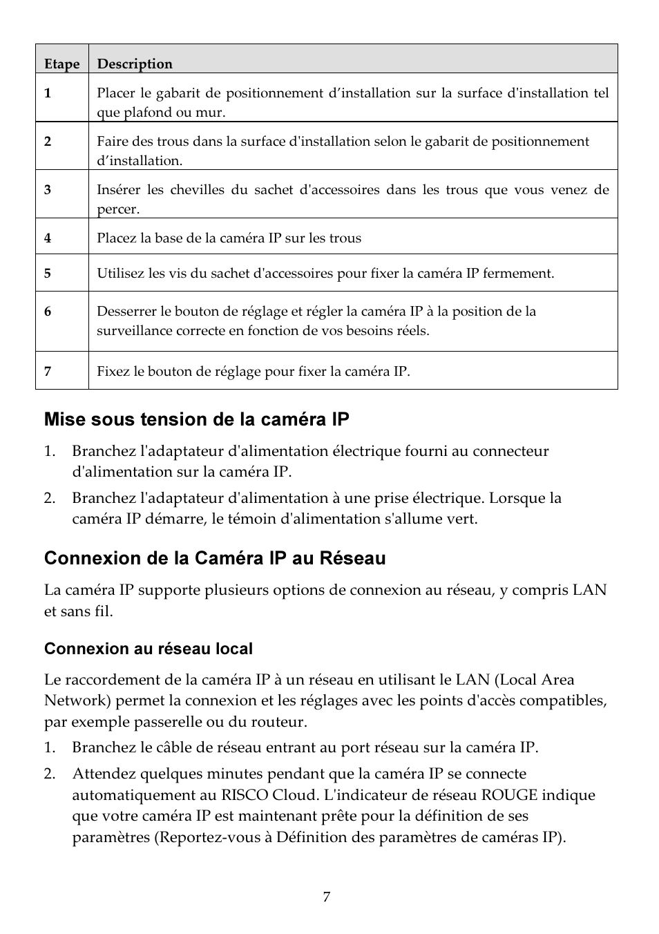 Mise sous tension de la caméra ip, Connexion de la caméra ip au réseau | RISCO Group VUpoint Indoor IP Camera RVCM11H User Manual | Page 29 / 92