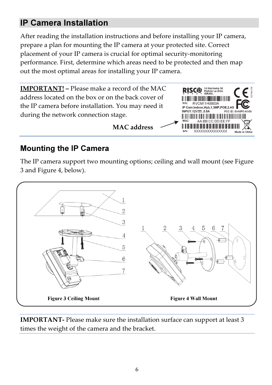 Ip camera installation, Mounting the ip camera | RISCO Group VUpoint Indoor IP Camera RVCM11H User Manual | Page 6 / 92