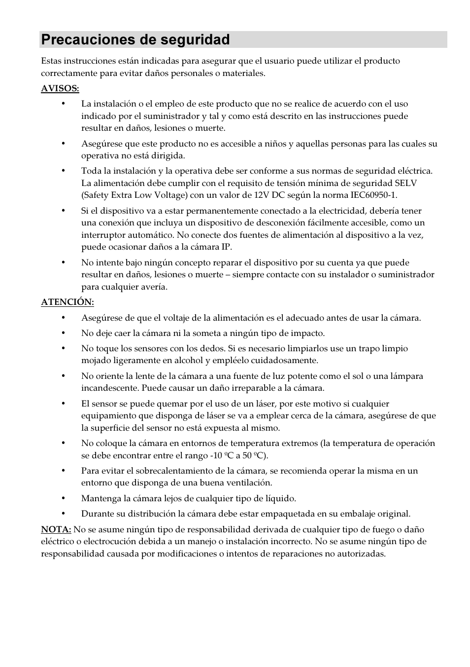 Precauciones de seguridad | RISCO Group VUpoint Indoor IP Camera RVCM11H User Manual | Page 68 / 92