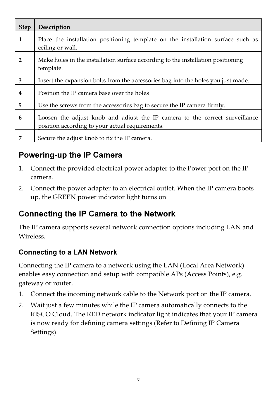 Powering-up the ip camera, Connecting the ip camera to the network | RISCO Group VUpoint Indoor IP Camera RVCM11H User Manual | Page 7 / 92