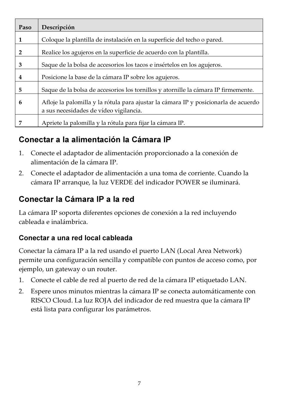 Conectar a la alimentación la cámara ip, Conectar la cámara ip a la red | RISCO Group VUpoint Indoor IP Camera RVCM11H User Manual | Page 73 / 92