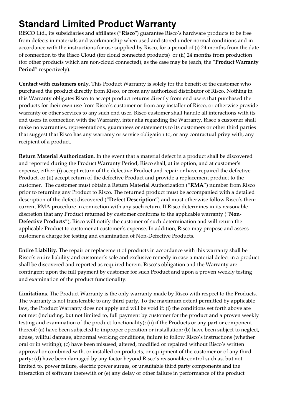 Standard limited product warranty | RISCO Group VUpoint Indoor IP Camera RVCM11H User Manual | Page 89 / 92