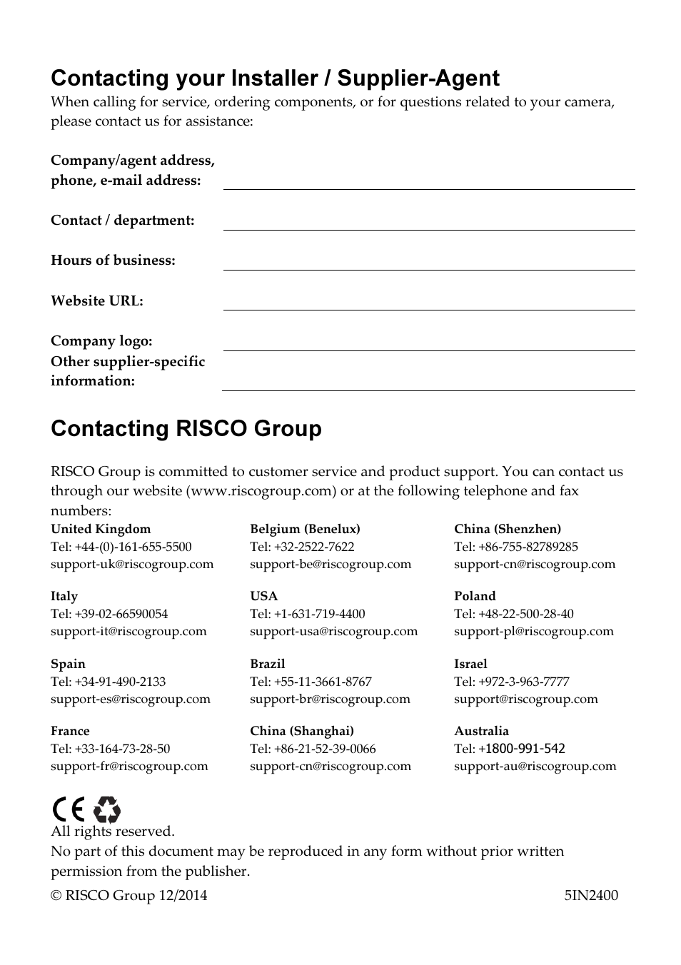 Contacting your installer / supplier-agent, Contacting risco group | RISCO Group VUpoint Indoor IP Camera RVCM11H User Manual | Page 92 / 92