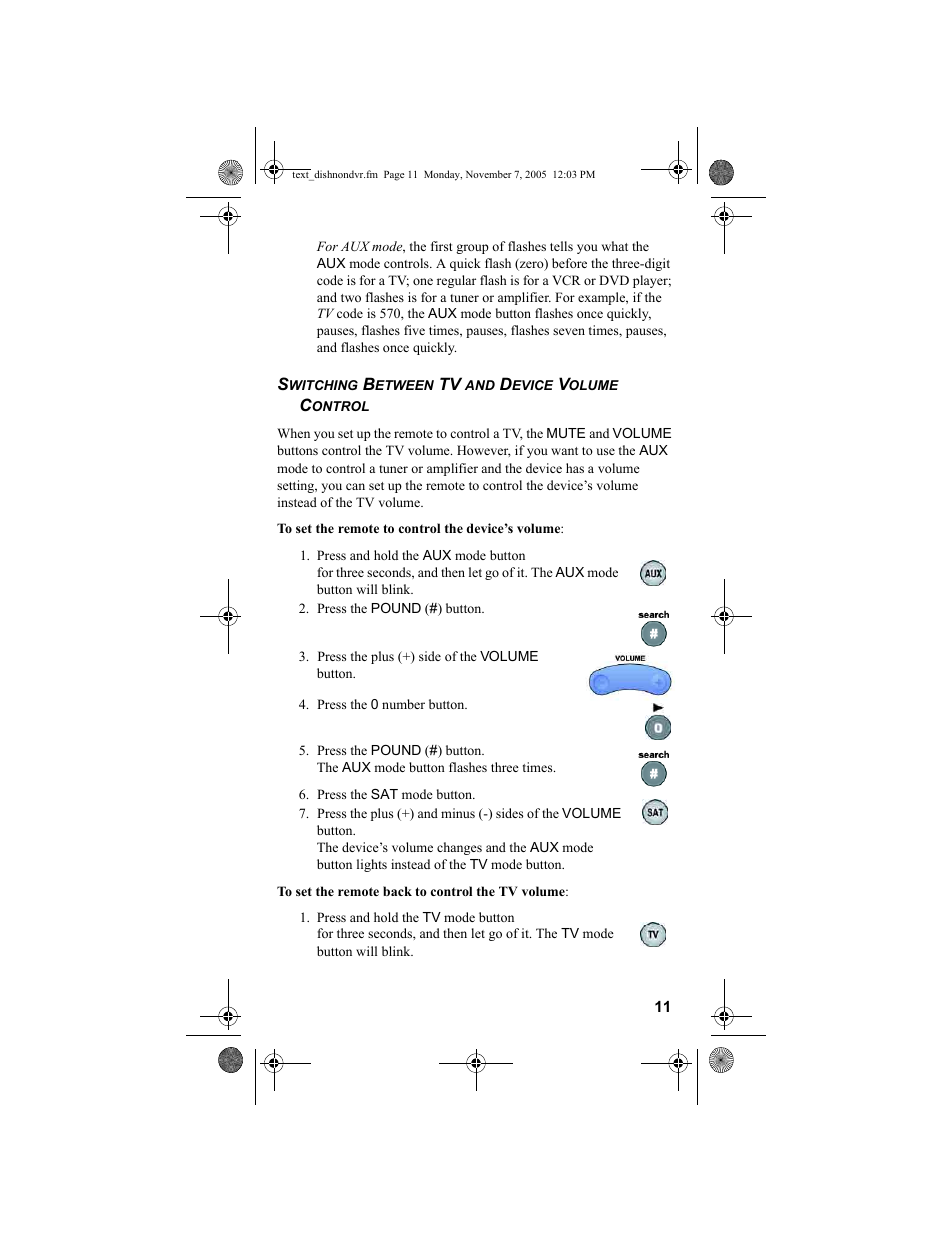 Press the pound (#) button, Press the plus (+) side of the volume button, Press the 0 number button | Press the sat mode button | Dish Network 3.2 User Manual | Page 12 / 46
