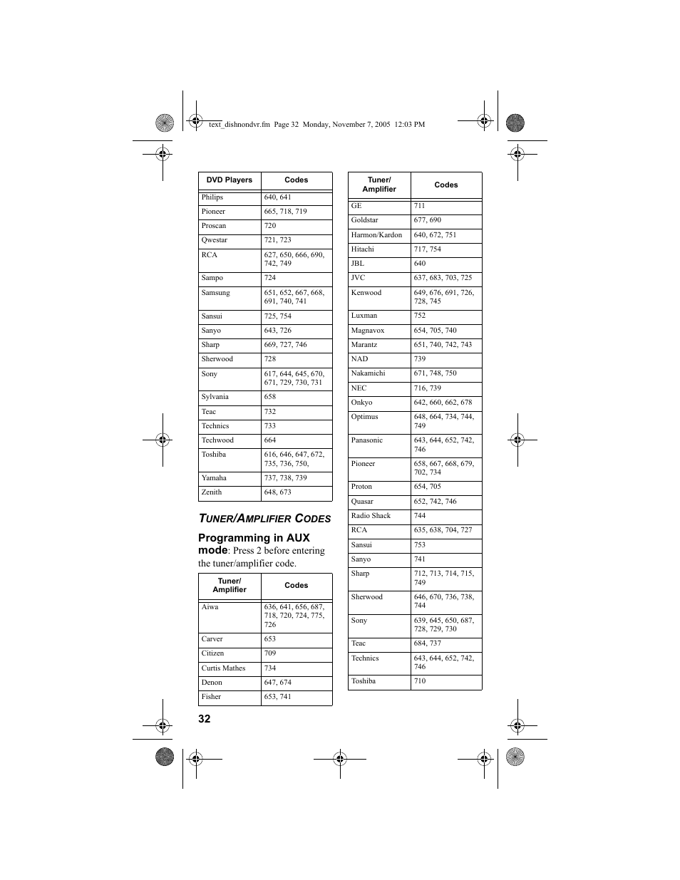 Programming in aux mode, Press 2 before entering the tuner/amplifier code | Dish Network 3.2 User Manual | Page 33 / 46