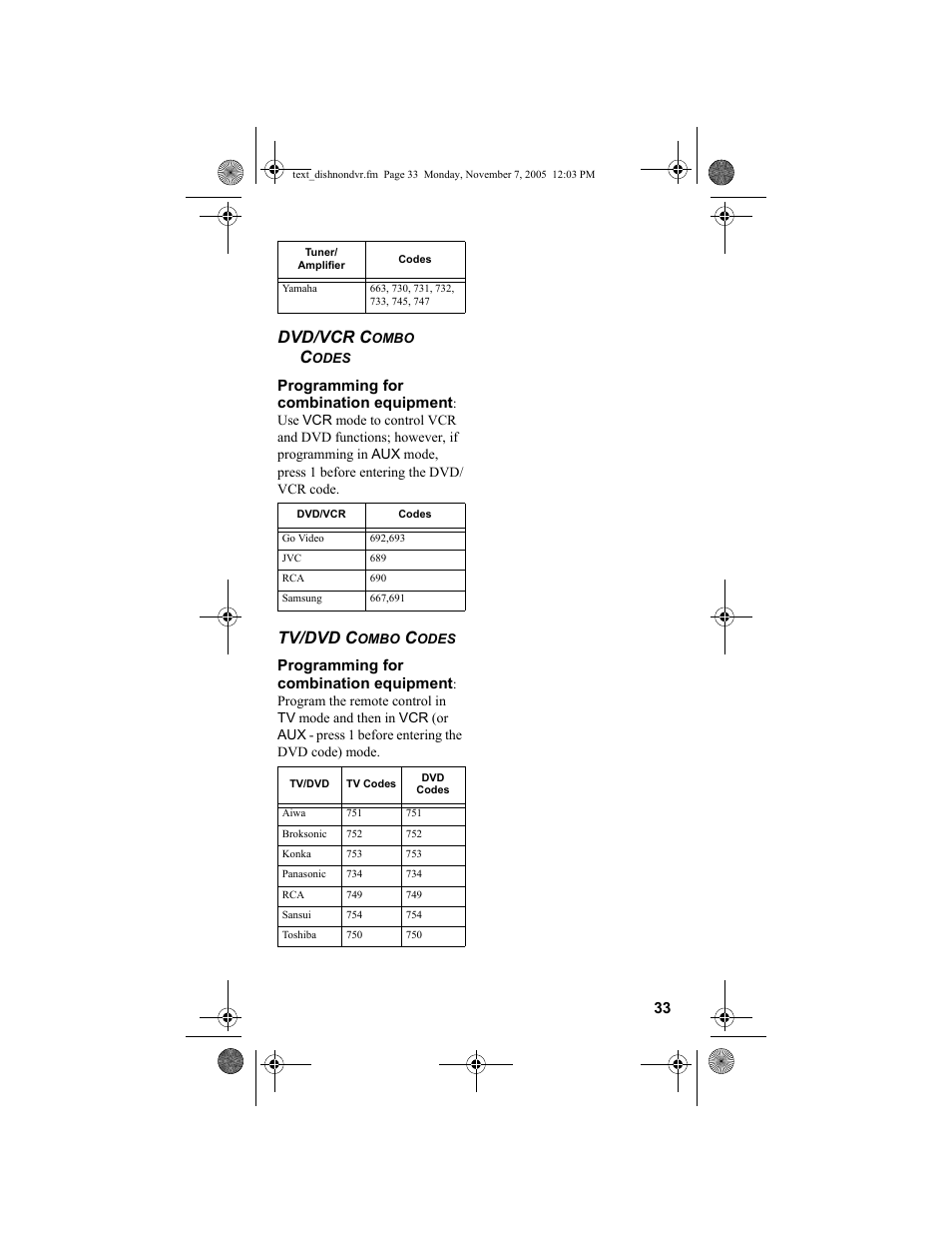 Dvd/vcr c, Tv/dvd c, Programming for combination equipment | Dish Network 3.2 User Manual | Page 34 / 46