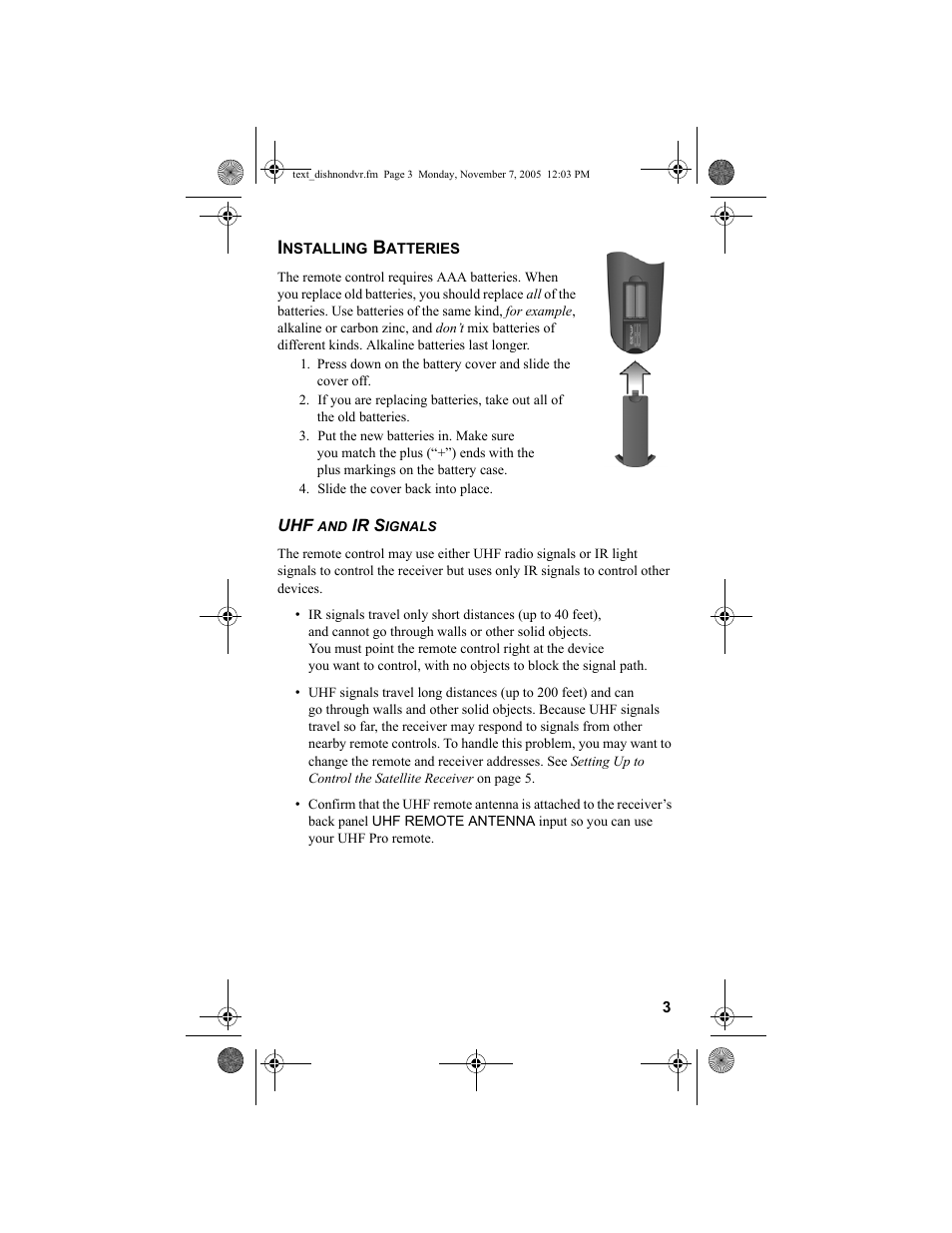 Installing batteries, Slide the cover back into place | Dish Network 3.2 User Manual | Page 4 / 46