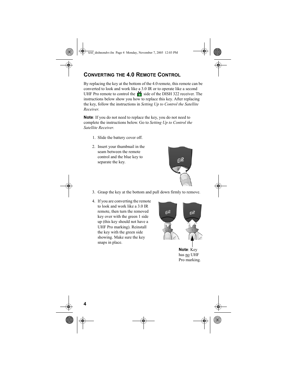 Converting the 4.0 remote control, Slide the battery cover off | Dish Network 3.2 User Manual | Page 5 / 46