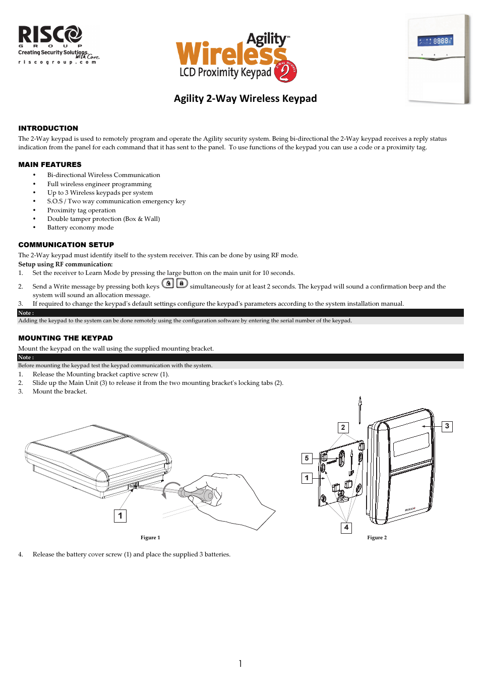 RISCO Group Agility 2-Way Wireless Keypad User Manual | 4 pages