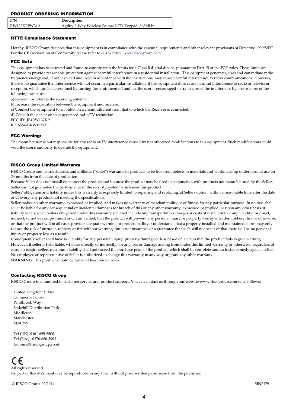 RISCO Group Agility 2-Way Wireless Keypad User Manual | Page 4 / 4