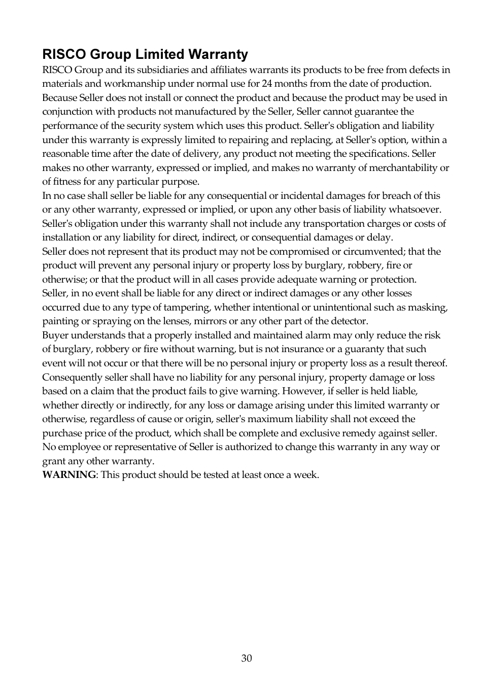 Risco group limited warranty | RISCO Group RISCO Application Server User Manual | Page 30 / 32