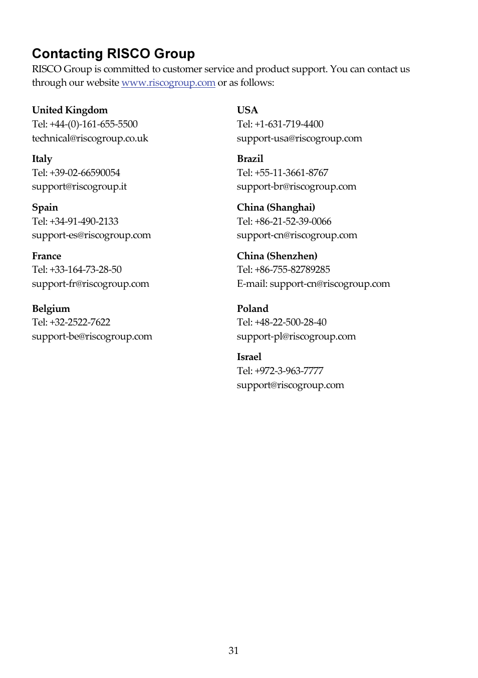 Contacting risco group | RISCO Group RISCO Application Server User Manual | Page 31 / 32