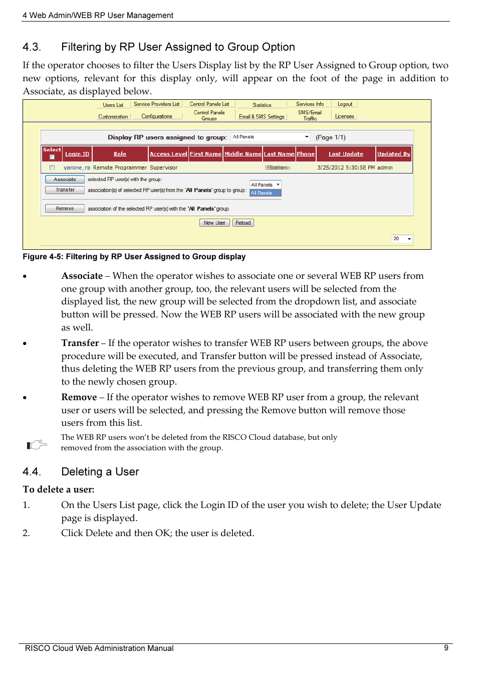 Filtering by rp user assigned to group option, Deleting a user | RISCO Group RISCO Application Server User Manual | Page 13 / 72