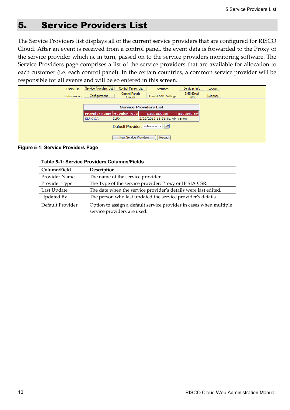 Service providers list | RISCO Group RISCO Application Server User Manual | Page 14 / 72