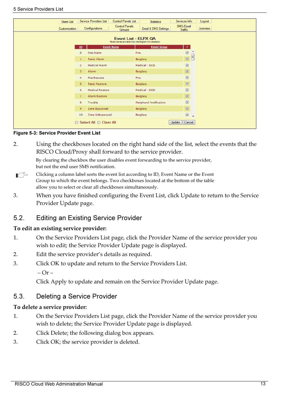 Editing an existing service provider, Deleting a service provider | RISCO Group RISCO Application Server User Manual | Page 17 / 72