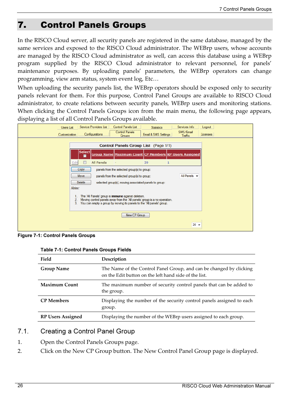 Control panels groups, Creating a control panel group | RISCO Group RISCO Application Server User Manual | Page 30 / 72