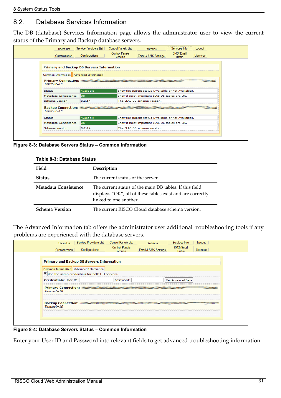 Database services information | RISCO Group RISCO Application Server User Manual | Page 35 / 72