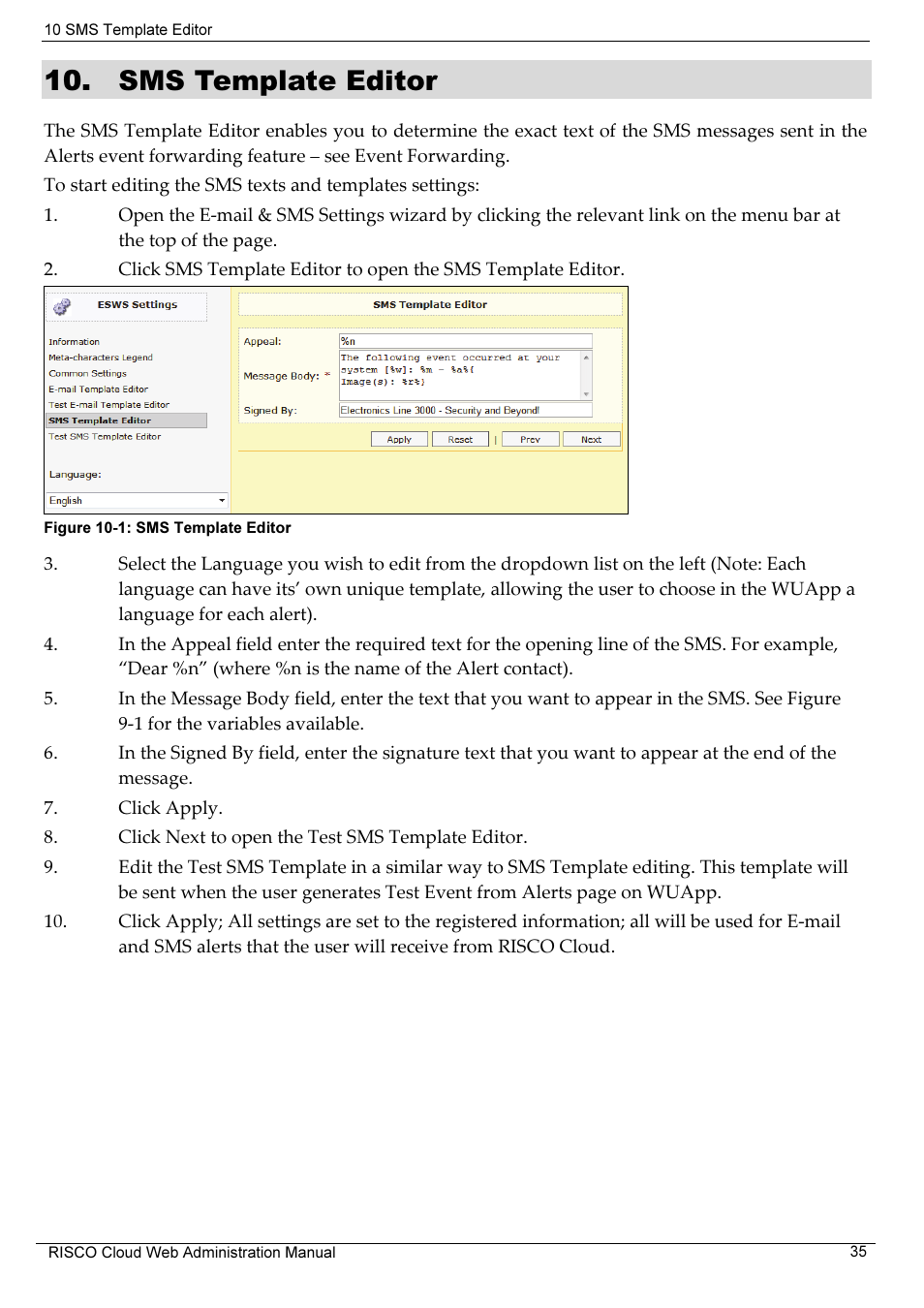 Sms template editor | RISCO Group RISCO Application Server User Manual | Page 39 / 72
